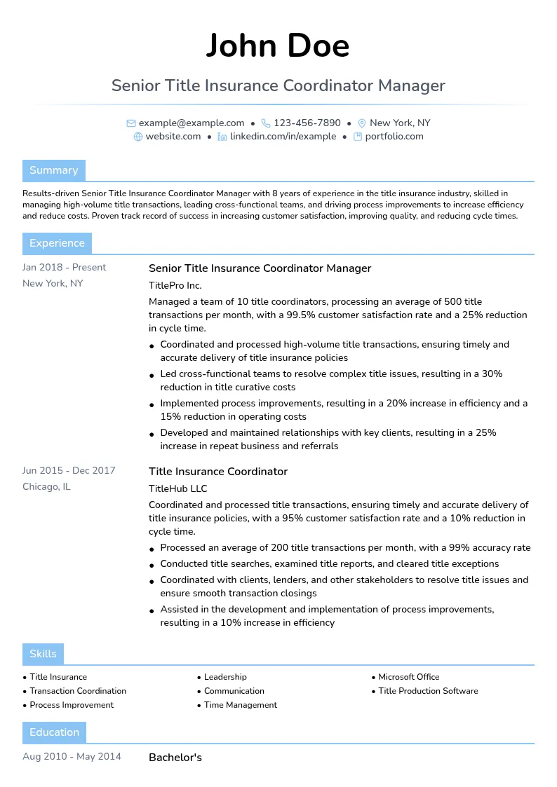 Senior Title Insurance Coordinator Manager resume example
