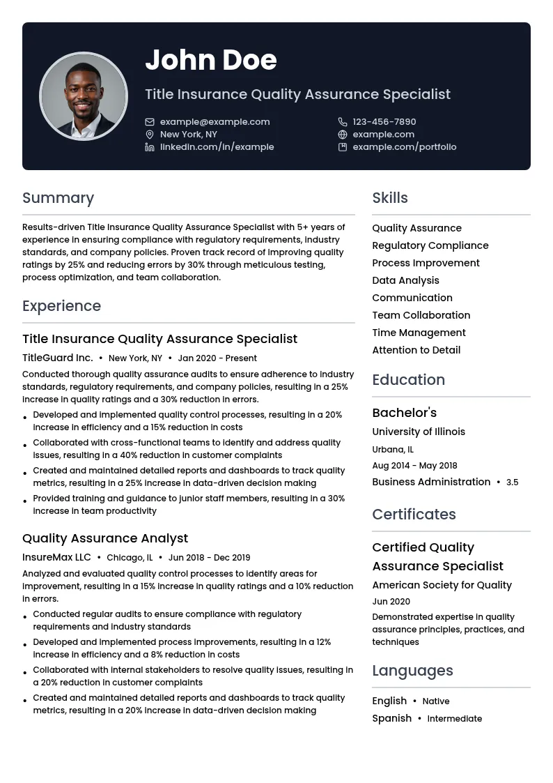 Title Insurance Quality Assurance Specialist resume example