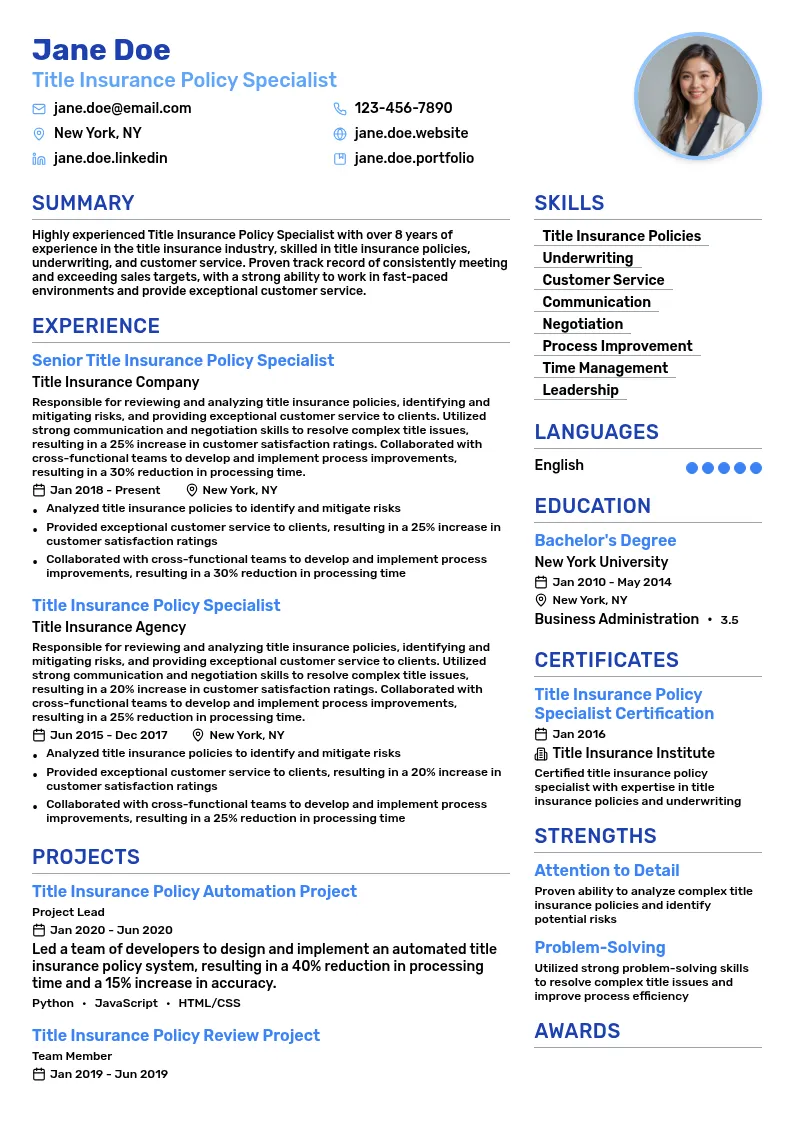Title Insurance Policy Specialist resume example