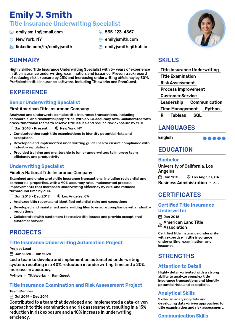 Title Insurance Underwriting Specialist resume example