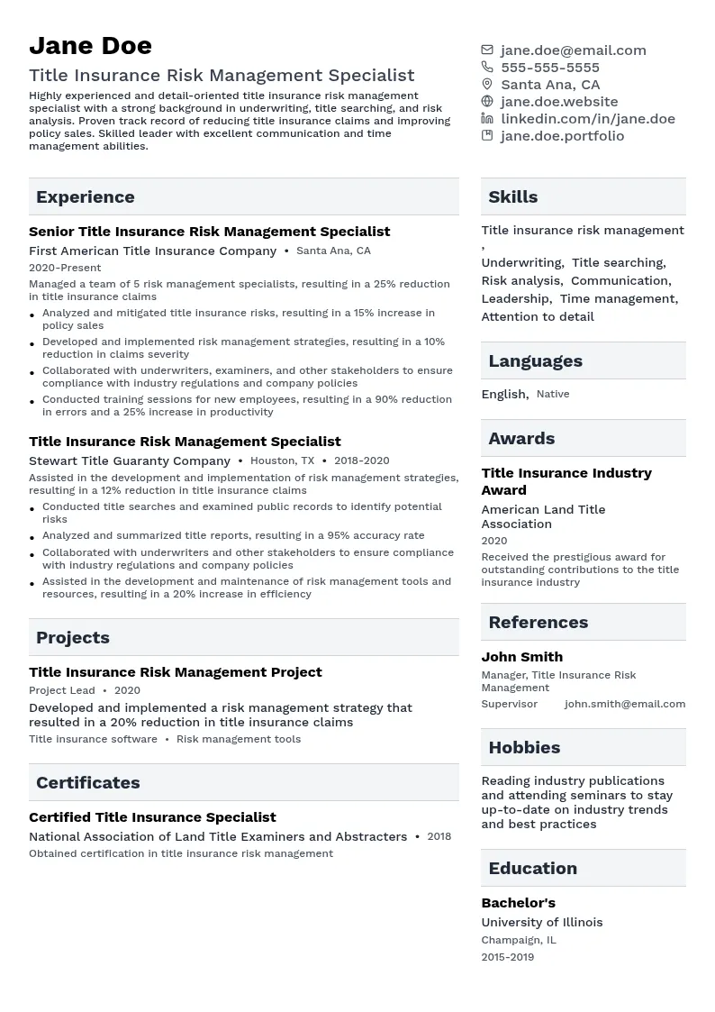 Title Insurance Risk Management Specialist resume example