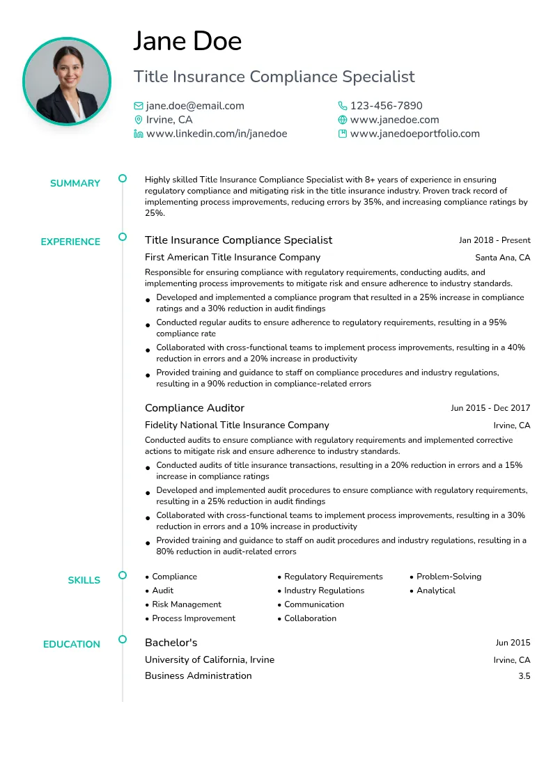 Title Insurance Compliance Specialist resume example