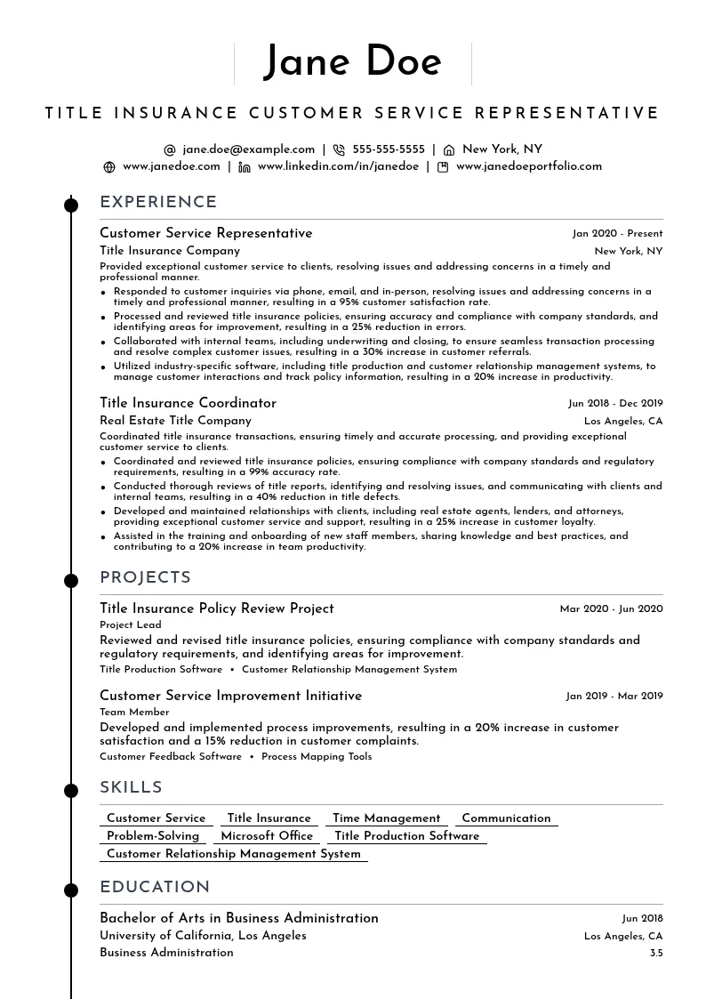 Title Insurance Customer Service Representative resume example