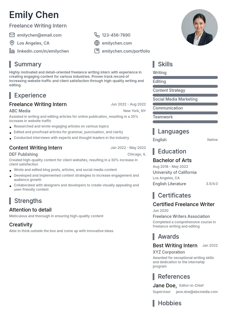 Freelance Writing Intern resume example