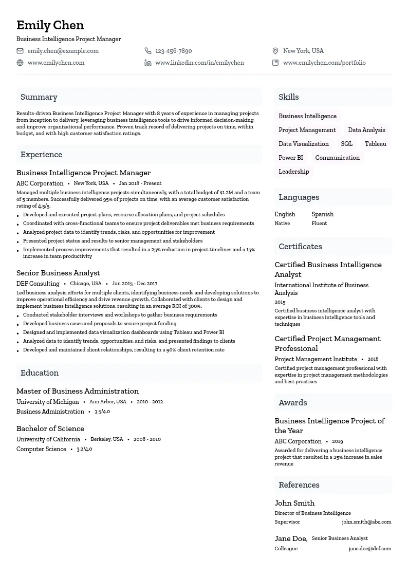 Business Intelligence Project Manager resume example