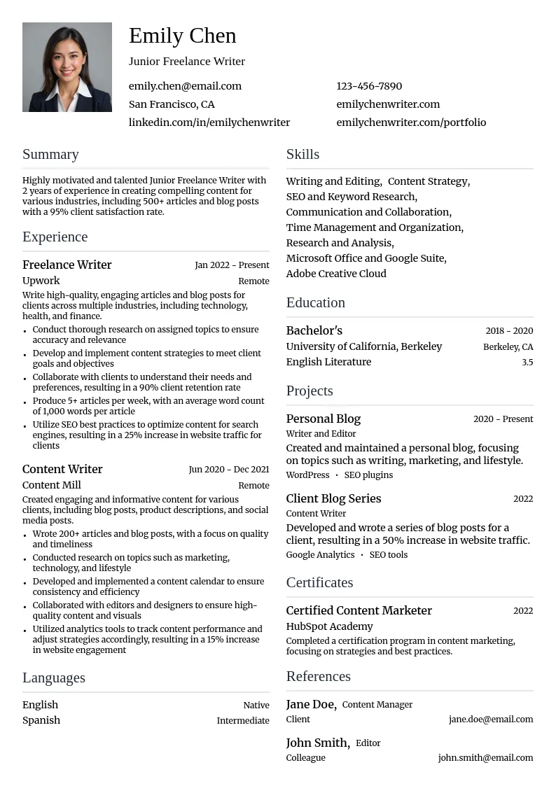 Junior Freelance Writer resume example