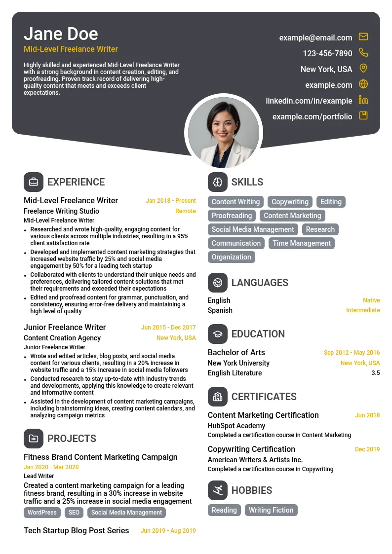 Mid-Level Freelance Writer resume example
