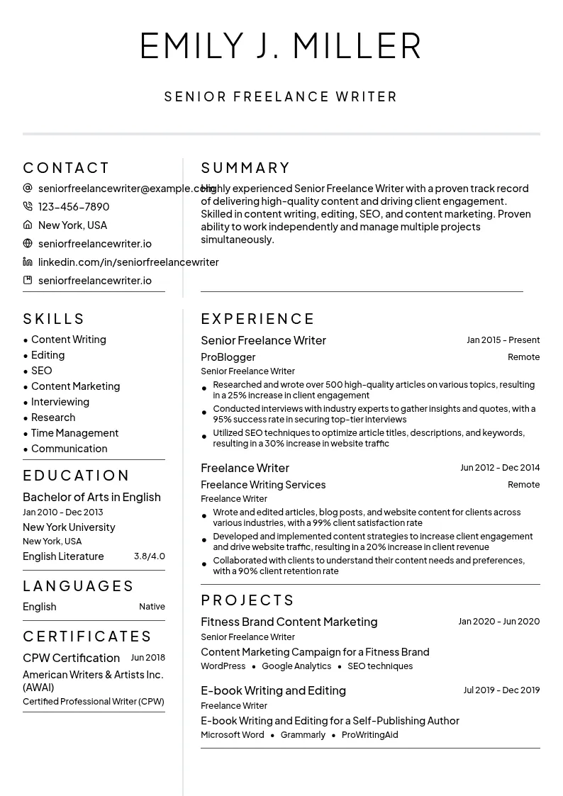 Senior Freelance Writer resume example