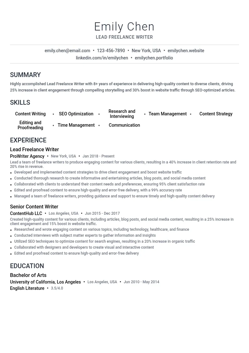 Lead Freelance Writer resume example