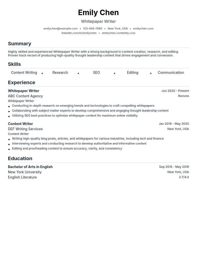 Whitepaper Writer resume example