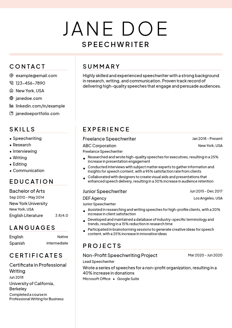 Speechwriter resume example