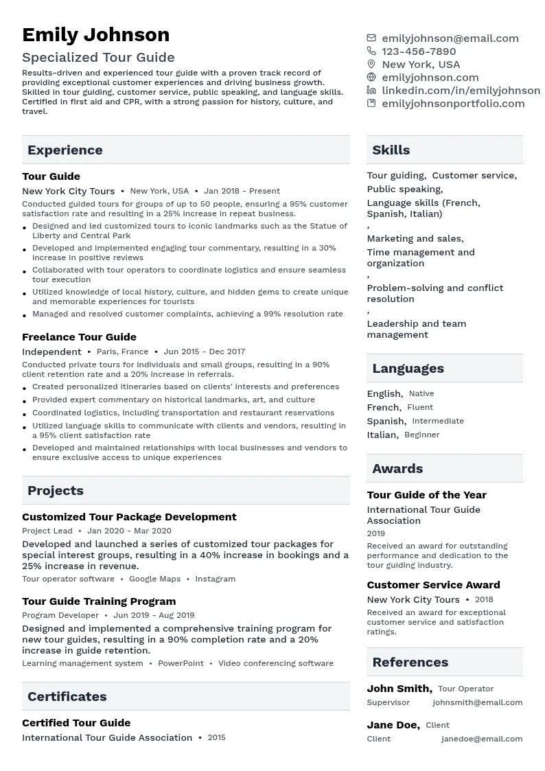 Specialized Tour Guide resume example