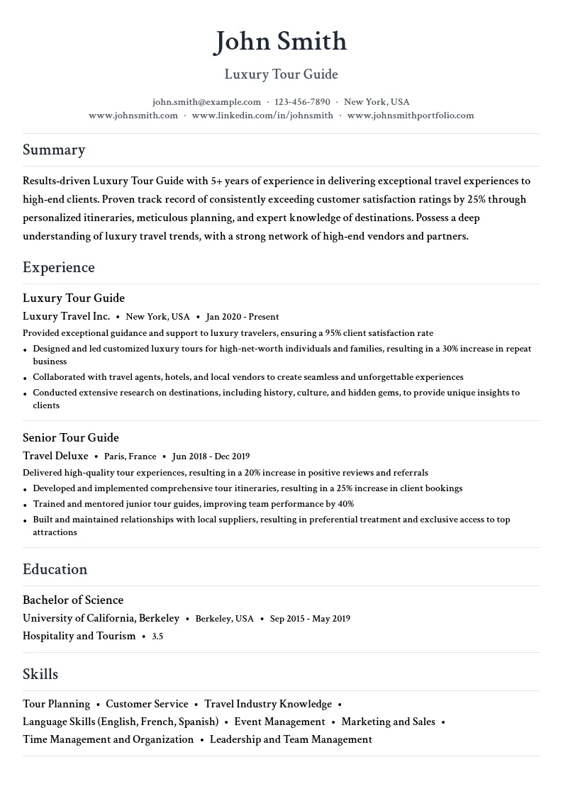 Luxury Tour Guide resume example