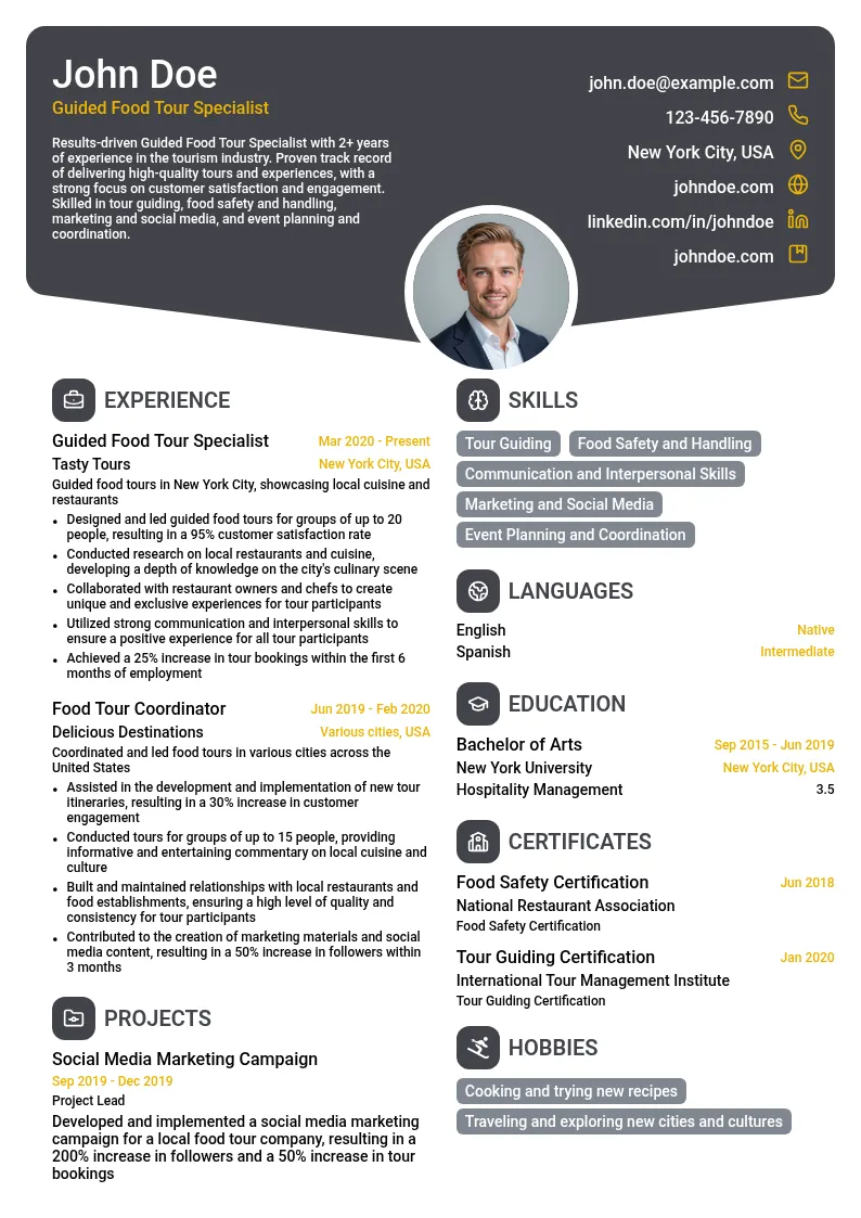 Guided Food Tour Specialist resume example