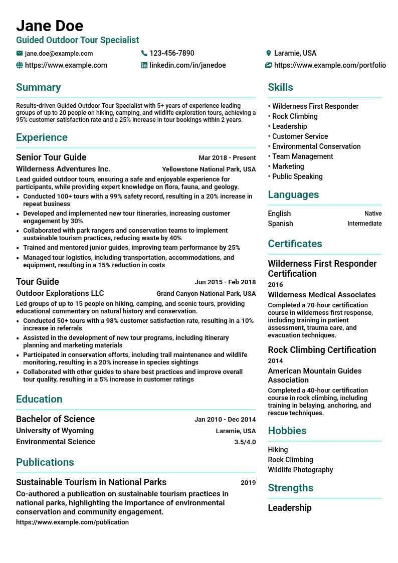 Guided Outdoor Tour Specialist resume example