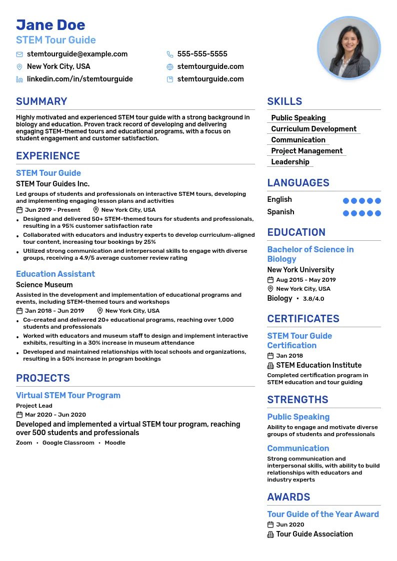 STEM Tour Guide resume example
