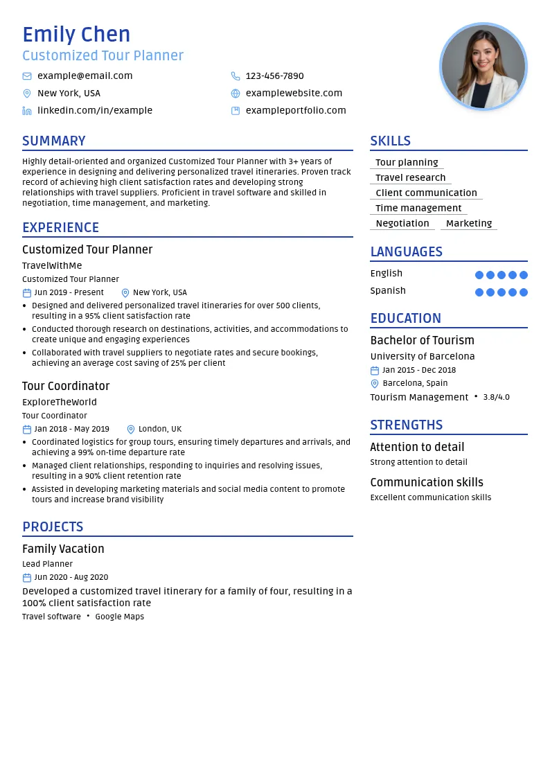 Customized Tour Planner resume example