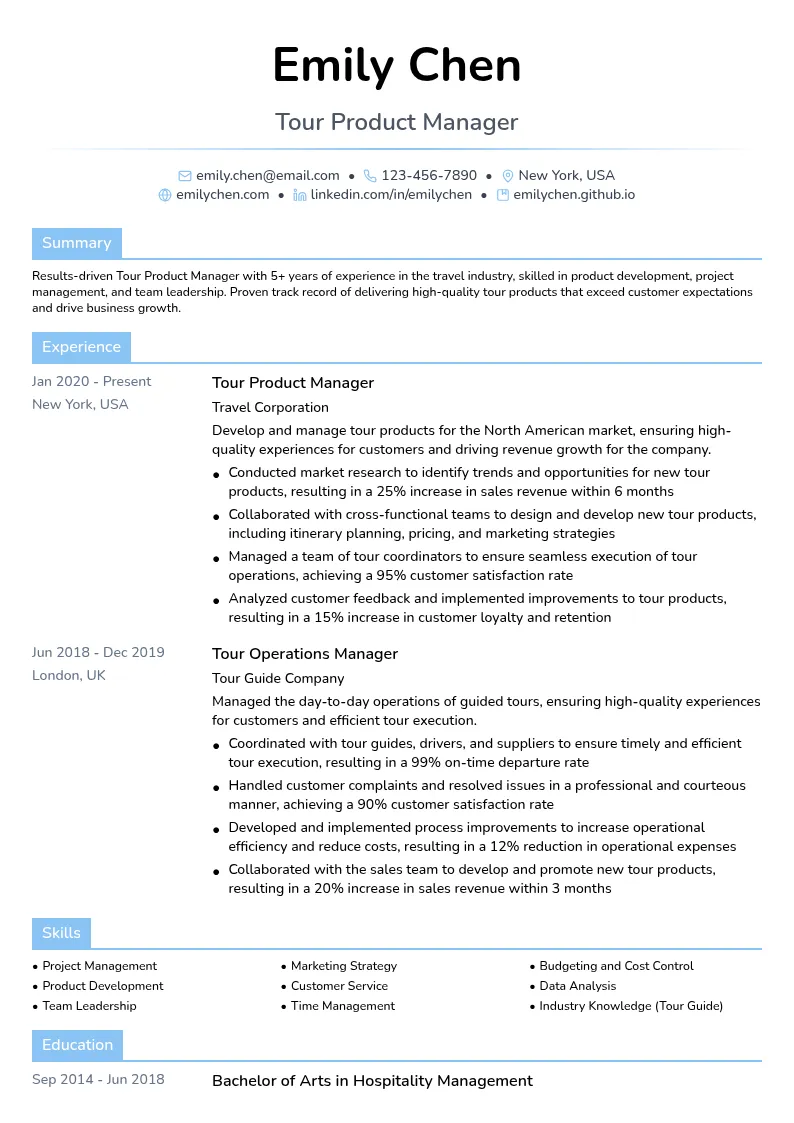 Tour Product Manager resume example