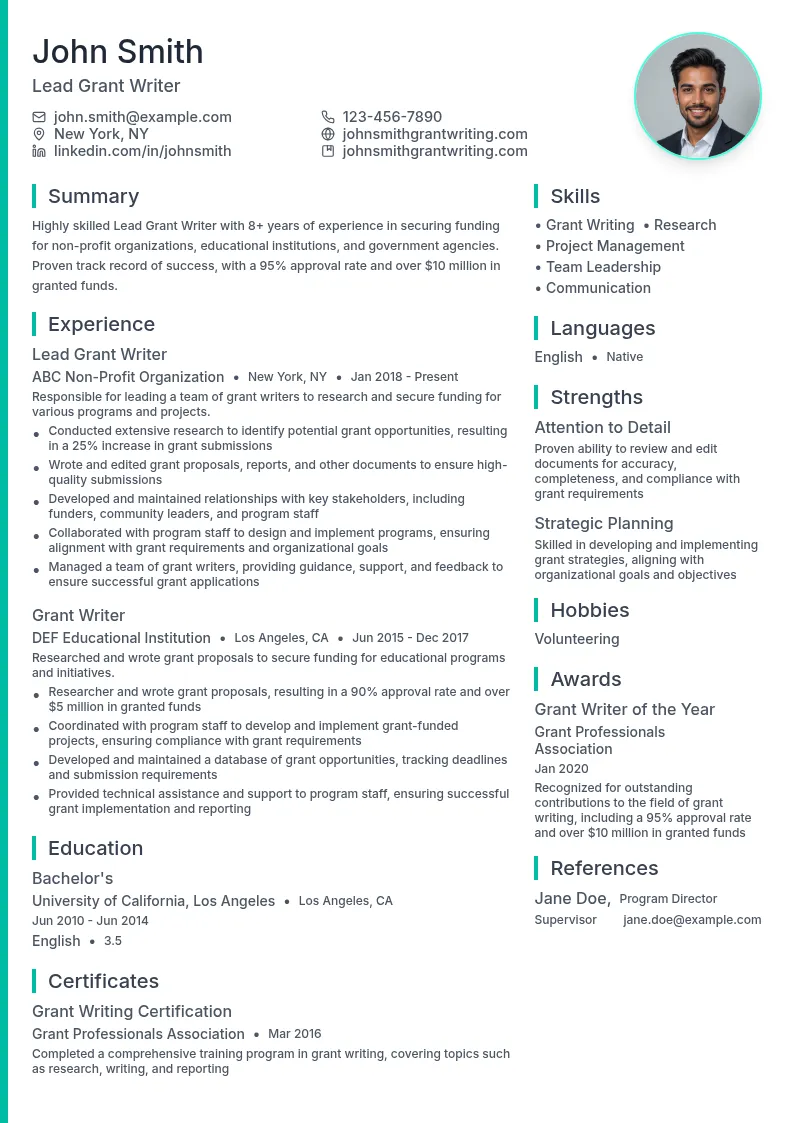 Lead Grant Writer resume example