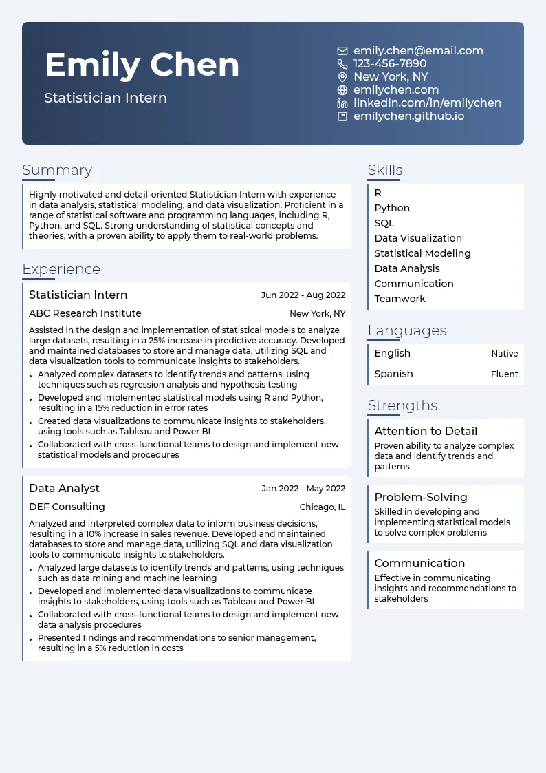 Statistician Intern resume example
