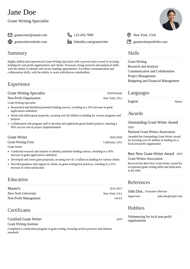 Grant Writing Specialist resume example