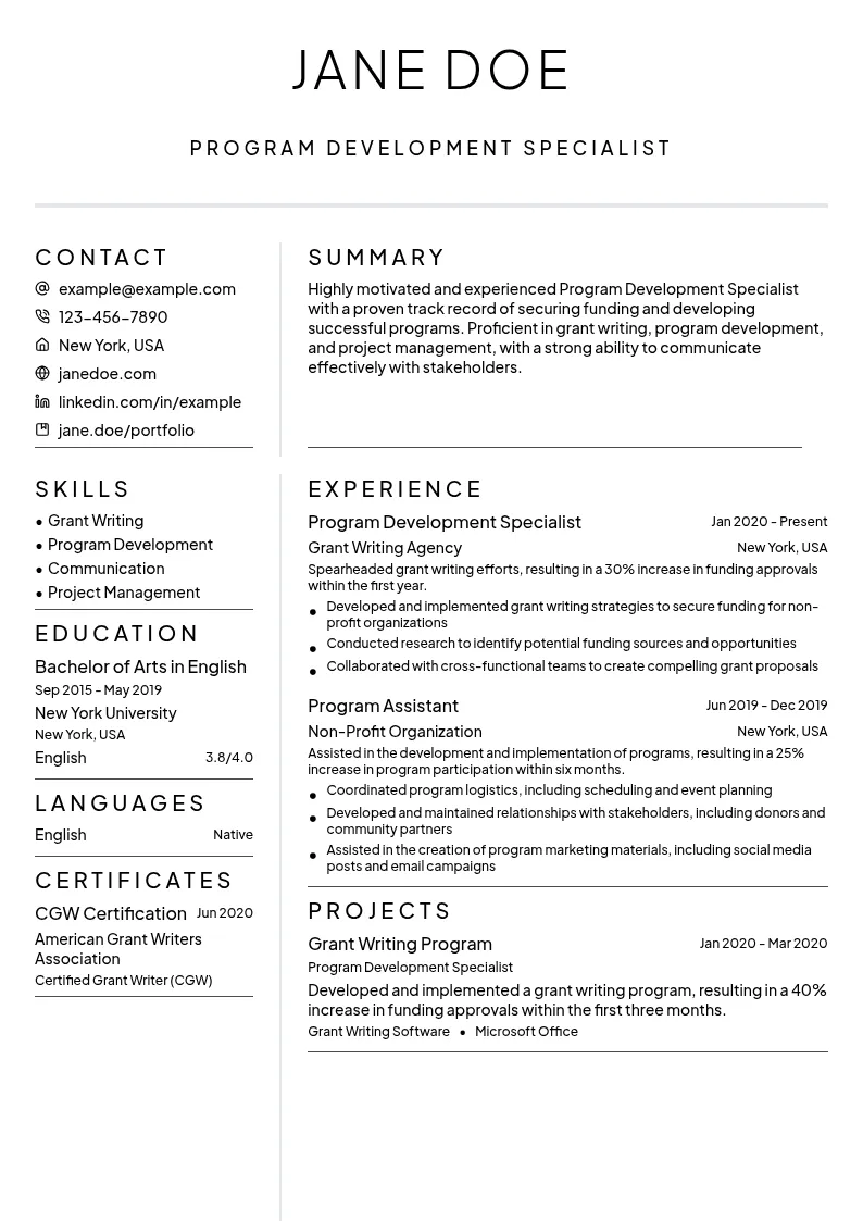 Program Development Specialist resume example