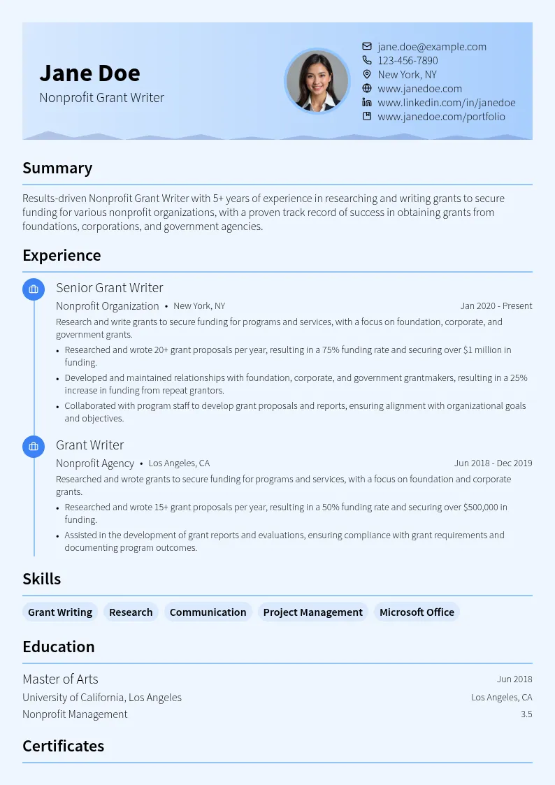 Nonprofit Grant Writer resume example