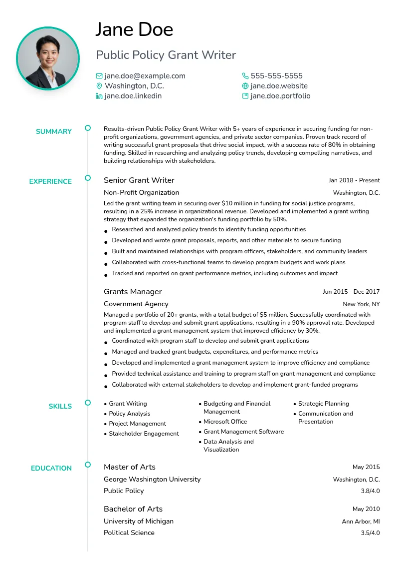 Public Policy Grant Writer resume example