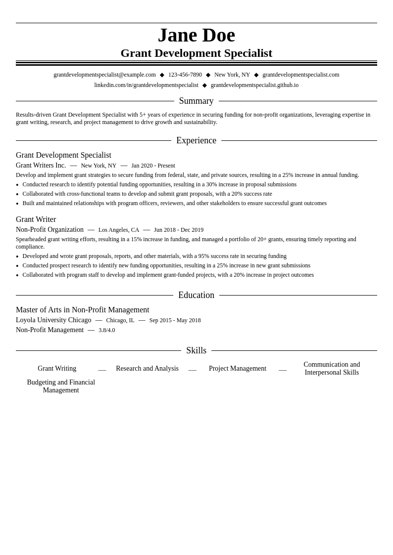 Grant Development Specialist resume example