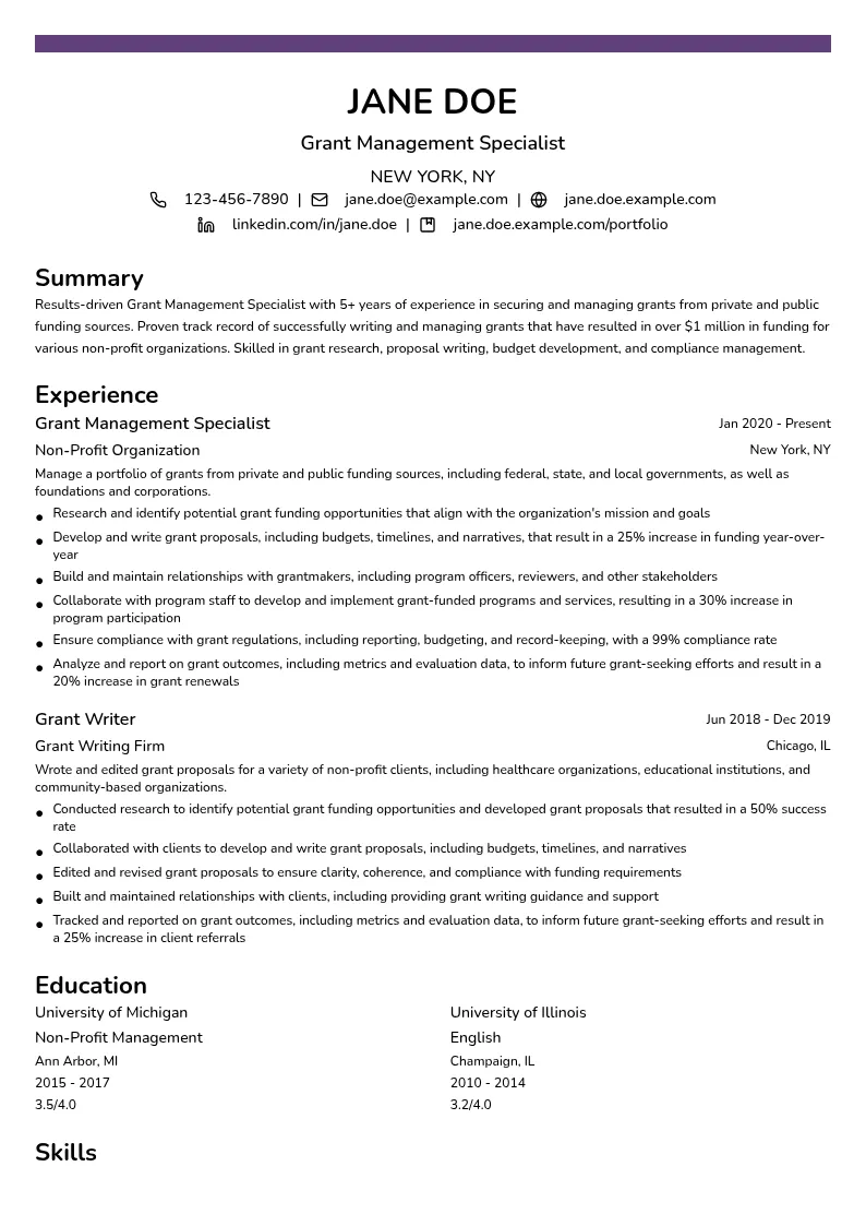 Grant Management Specialist resume example