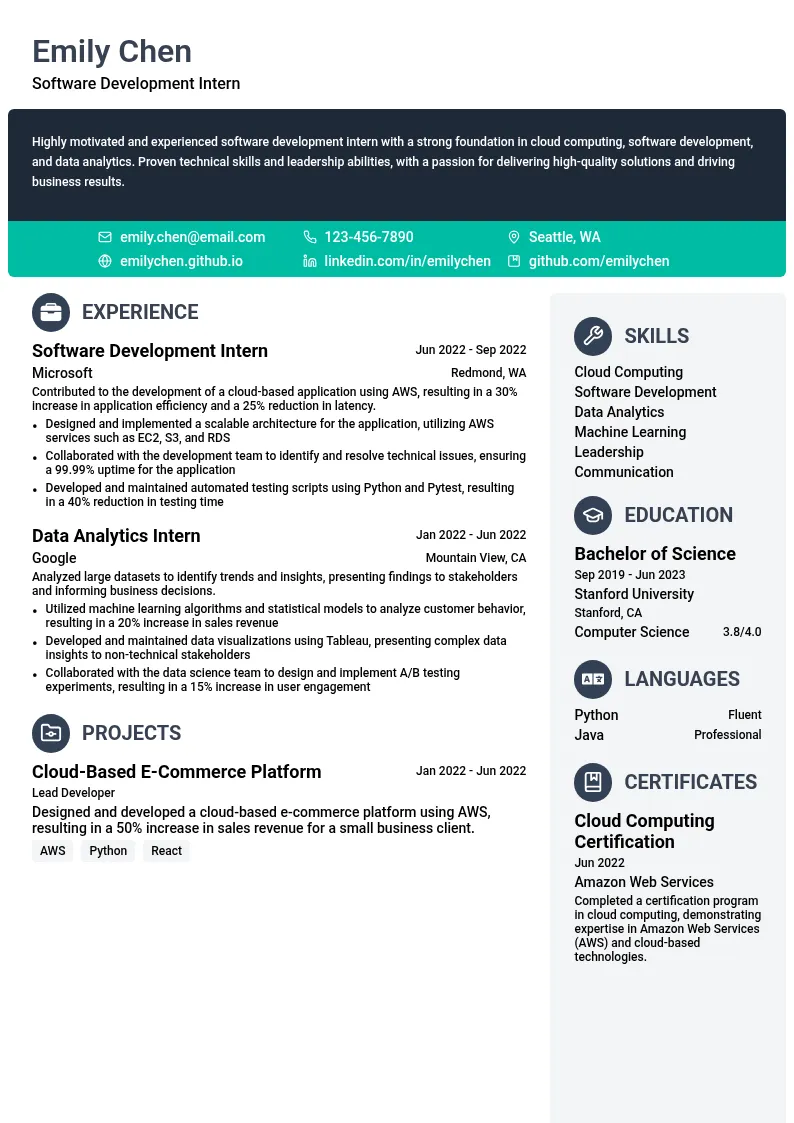 Amazon Intern resume example