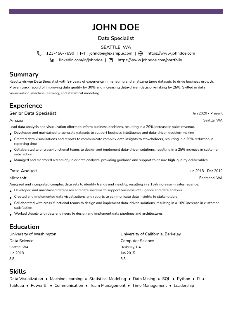 Data Specialist resume example