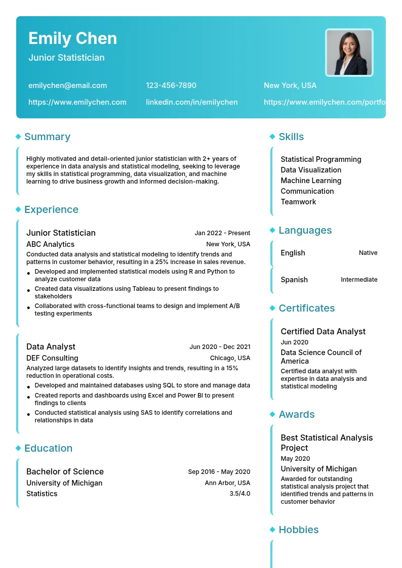 Junior Statistician resume example