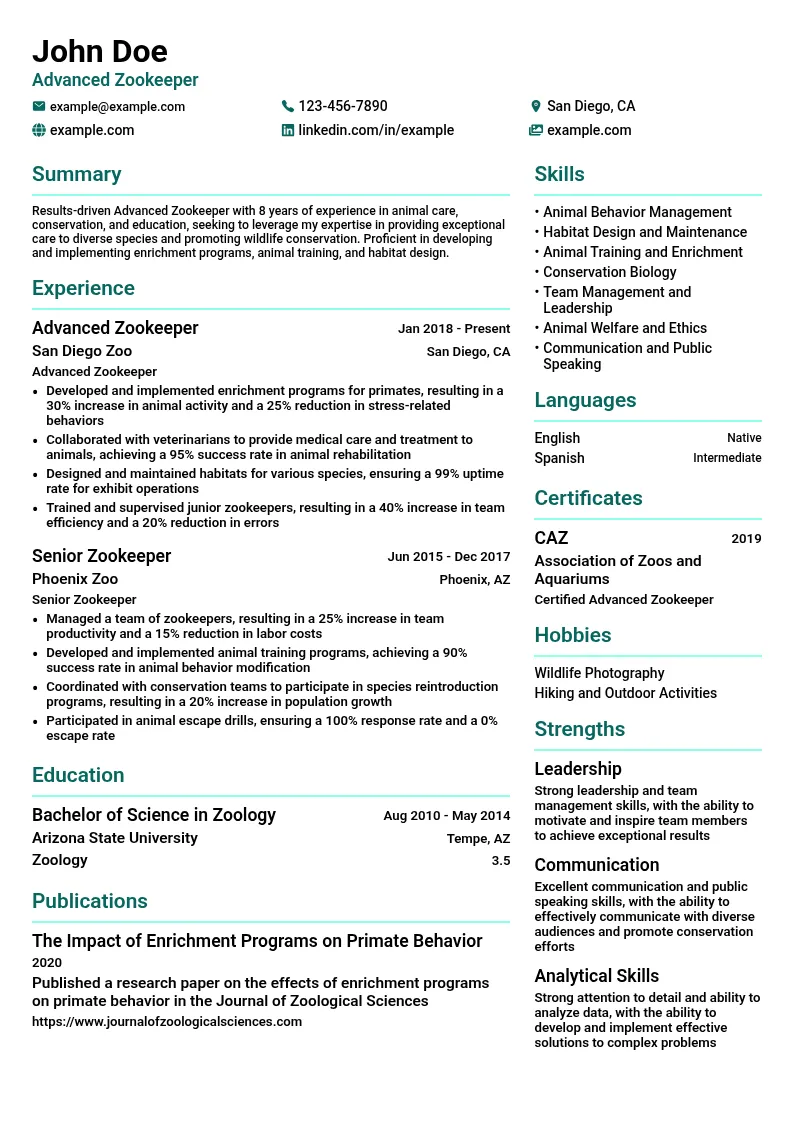 Advanced Zookeeper resume example