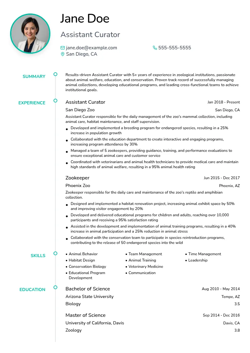 Assistant Curator resume example