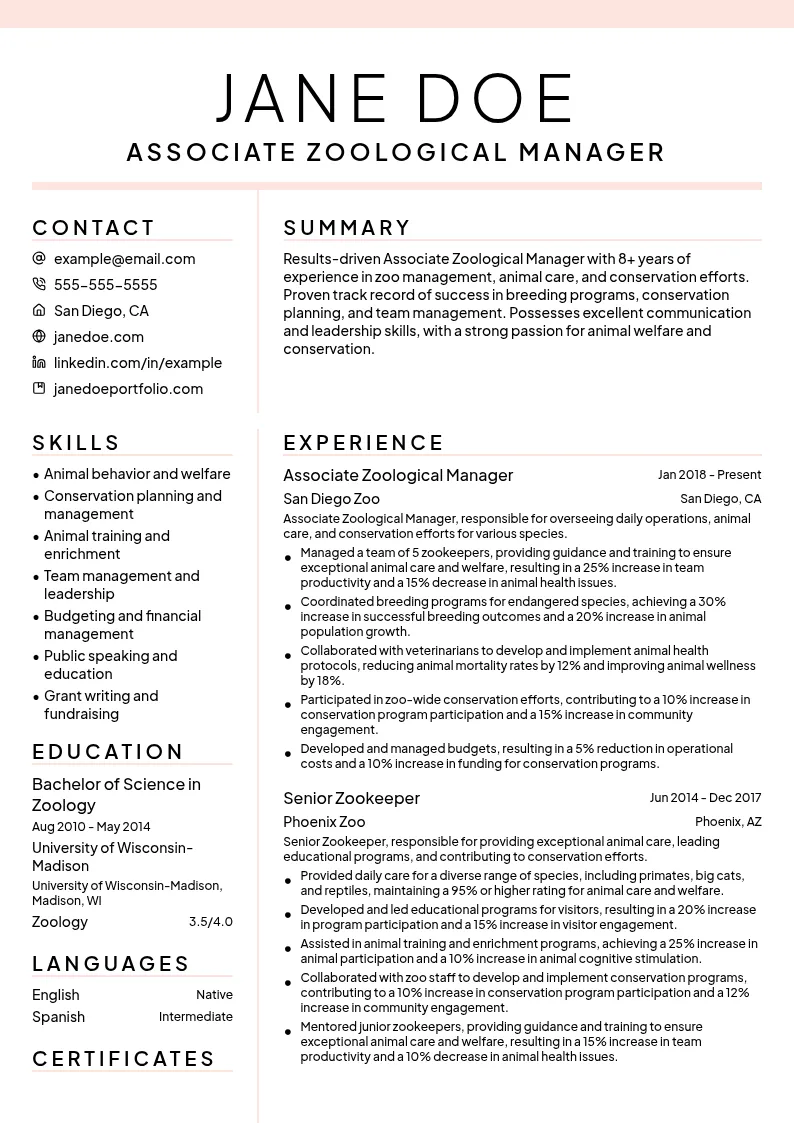 Associate Zoological Manager resume example