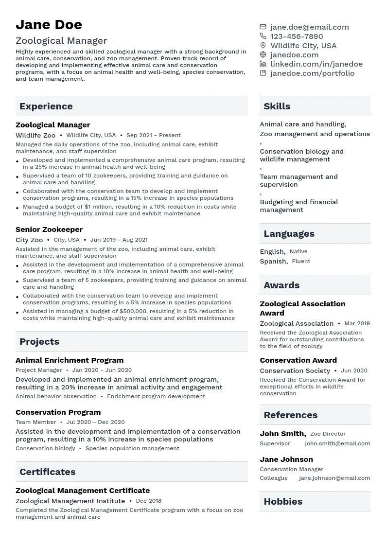 Zoological Manager resume example