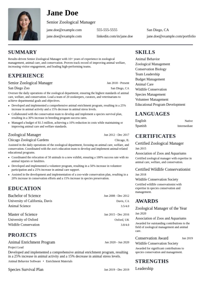 Senior Zoological Manager resume example