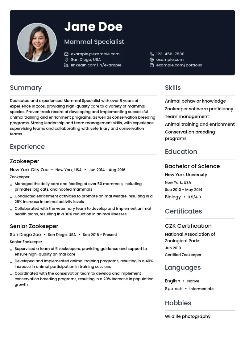 Mammal Specialist resume example