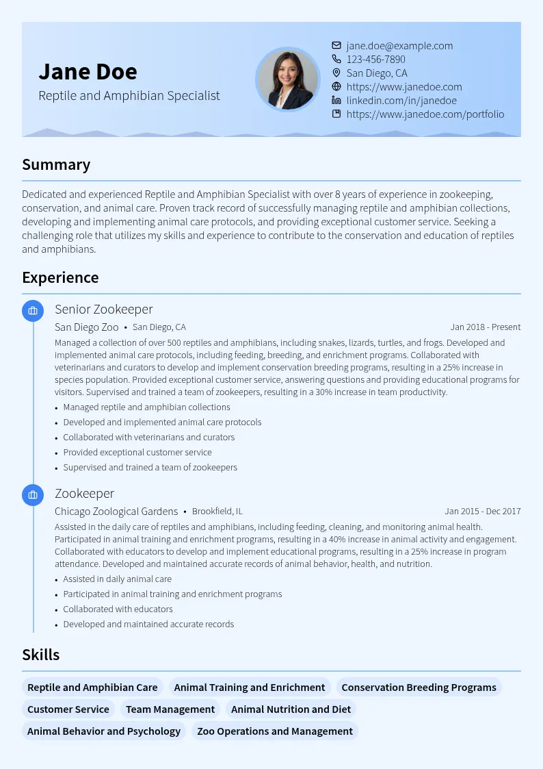 Reptile and Amphibian Specialist resume example