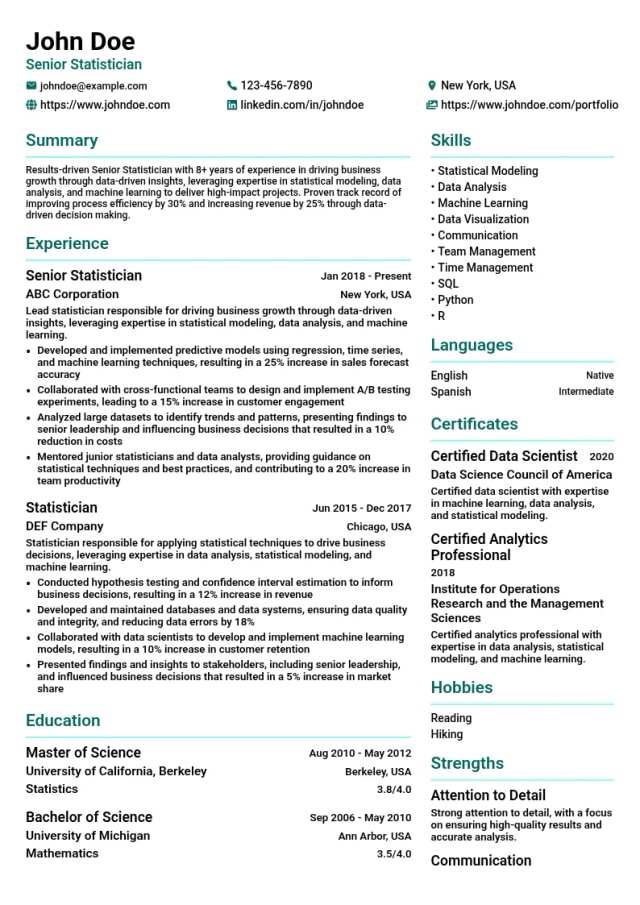 Senior Statistician resume example