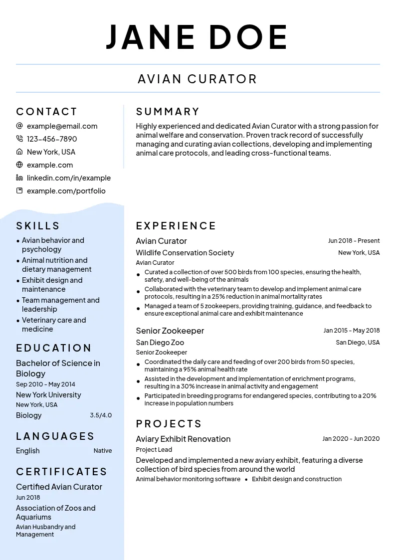Avian Curator resume example