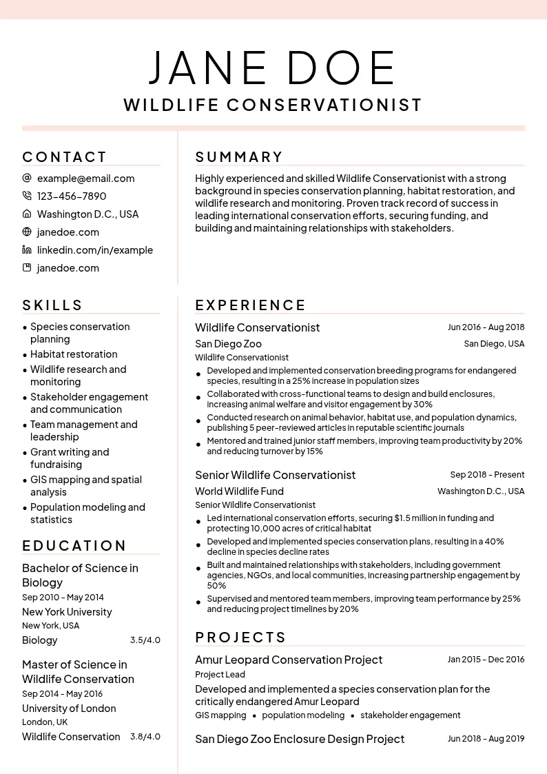 Wildlife Conservationist resume example