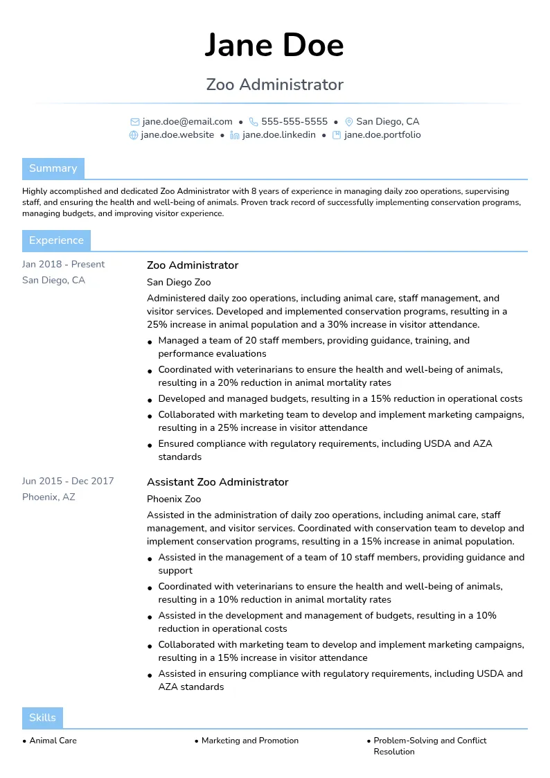 Zoo Administrator resume example