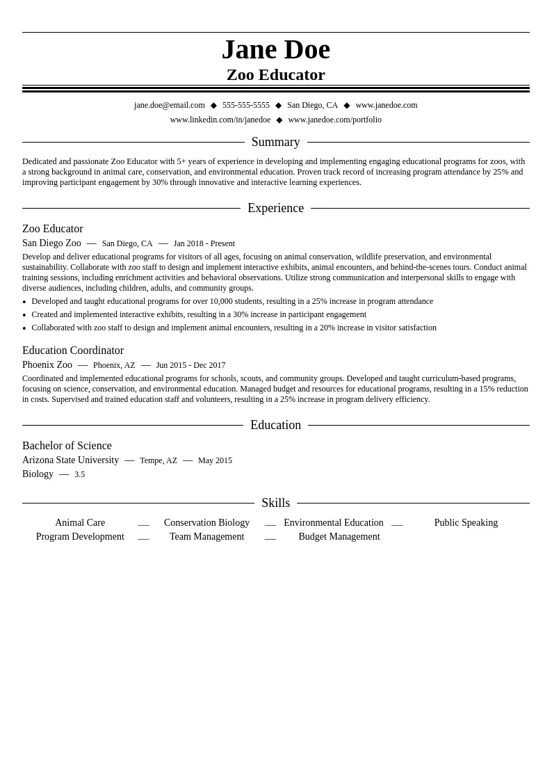 Zoo Educator resume example