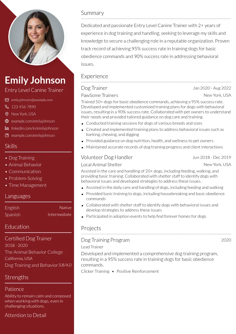 Entry Level Canine Trainer resume example