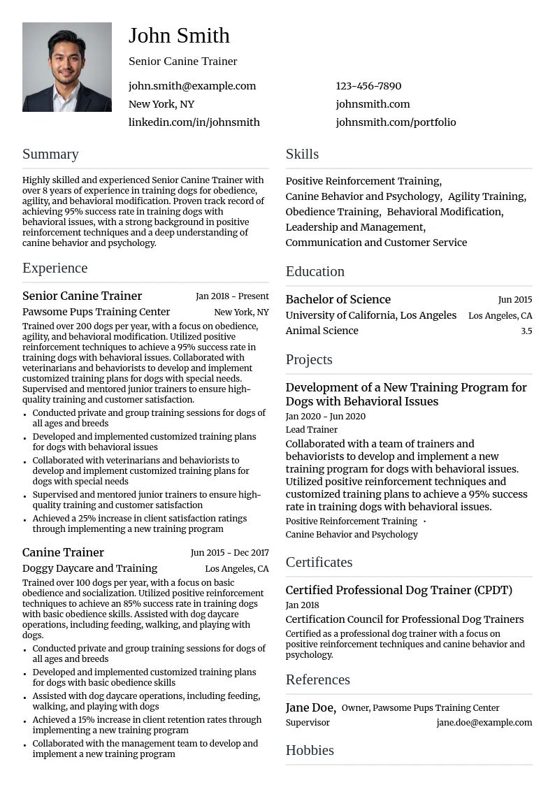Senior Canine Trainer resume example