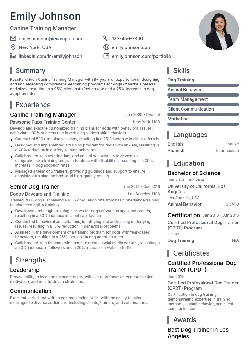 Canine Training Manager resume example