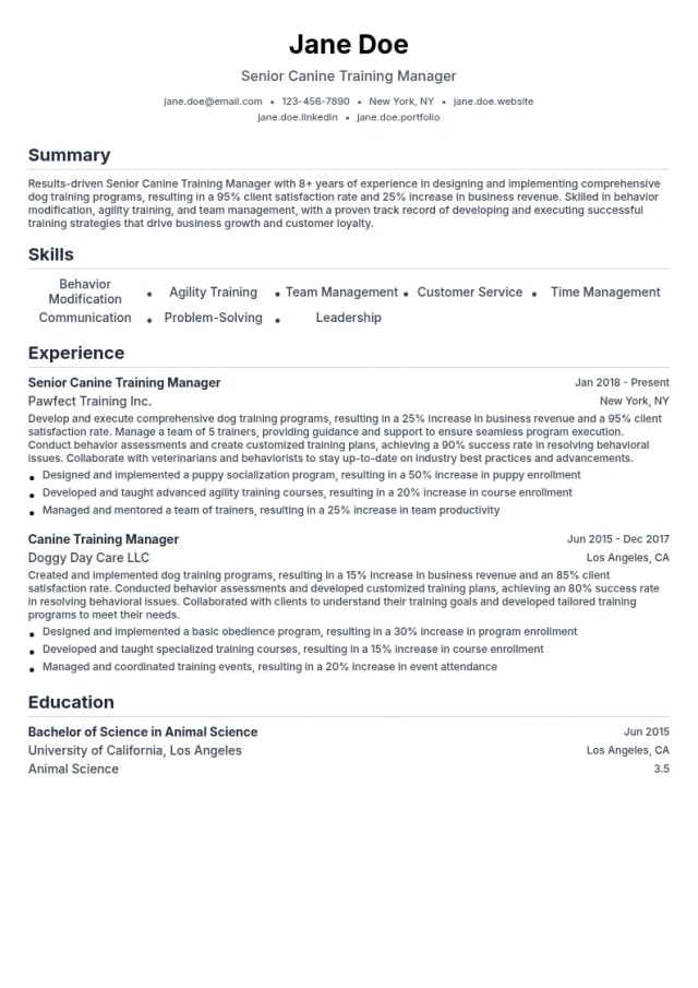 Senior Canine Training Manager resume example