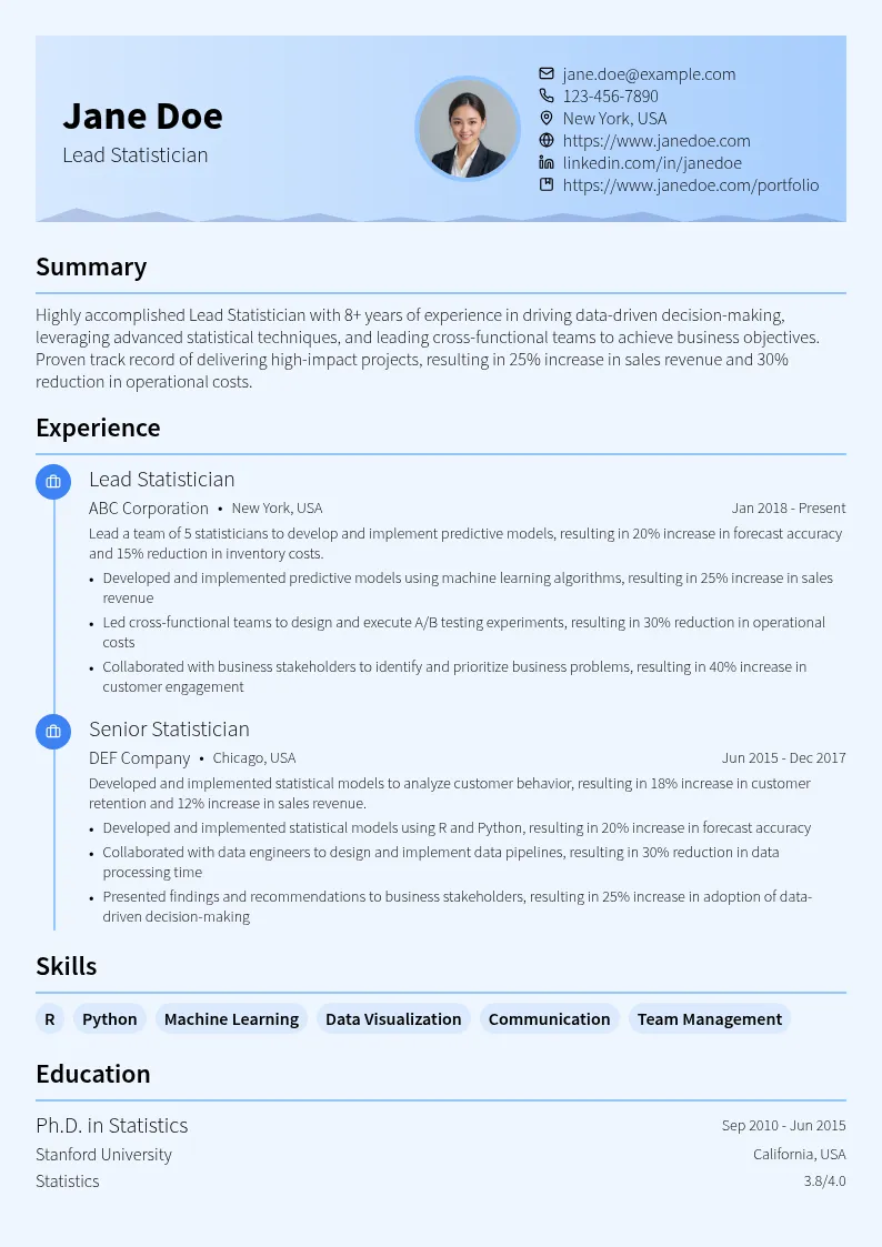 Lead Statistician resume example